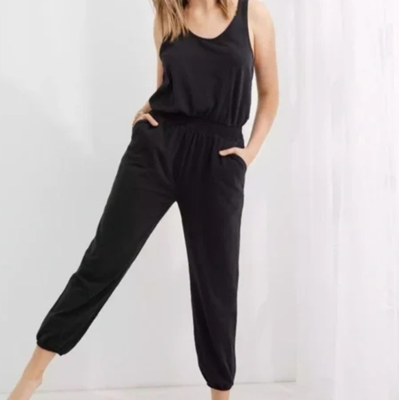 aerie Pants - Aerie Boho Comfy Casual Neutral Black Cotton Lounge Everyday Track Jumpsuit NWT